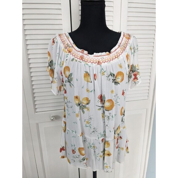 Maurices Top Womens Sz M Citrus Print Crinkle Short Sleeve Smock Elastic Ruffle - Picture 1 of 12